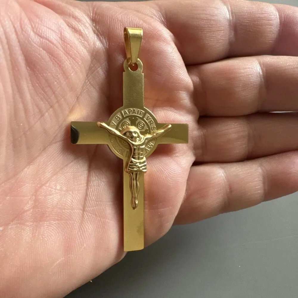 Gold Tone Cross Jesus Pendant 24” Chain Christ Stainless Steel Catholic Gift